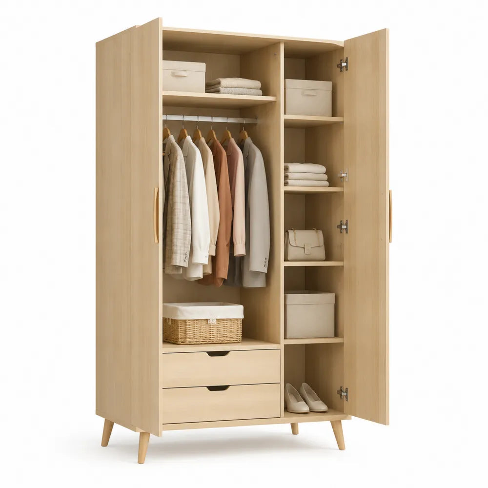 Kleiderschrank 2 Türen mit Schubladen 100x55x190 cm MDF Holzwerkstoff Natur mit Kleiderstange