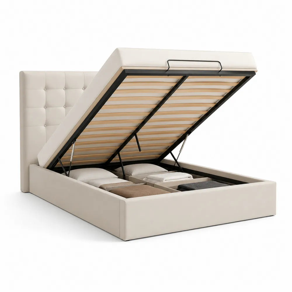 Stauraumbett Doppelbett mit Bettkasten Polyesterbezug Beige gepolstertes Kopfteil 180 x 200 cm