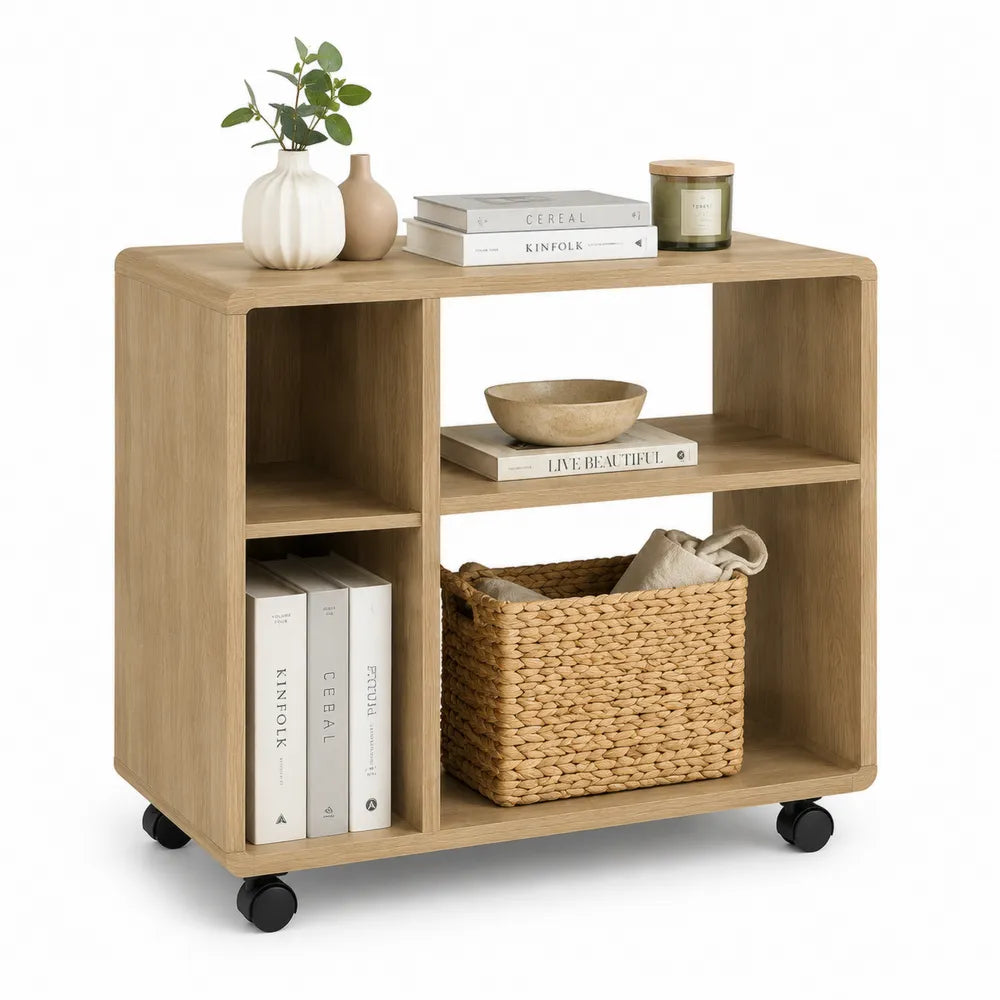 Beistelltisch mit Rollen 80 x 40 x 65 cm MDF mit Eichenfurnier rechteckig Natur