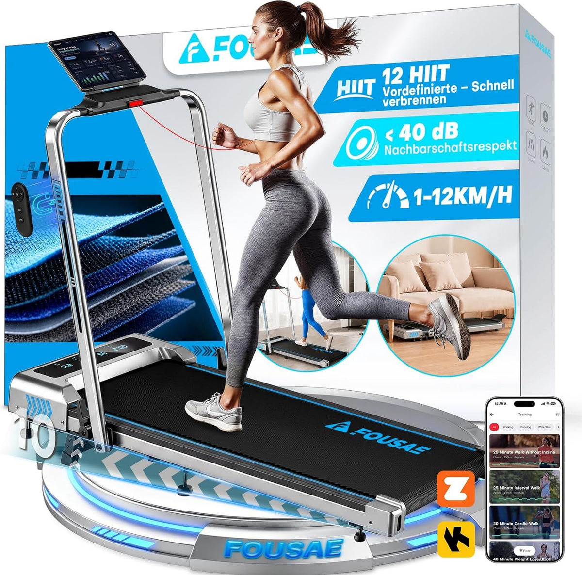 Walking Pad – einstellbare Steigung, klappbar, LED-Anzeige, für zuhause, 12km/h, 2.75HP