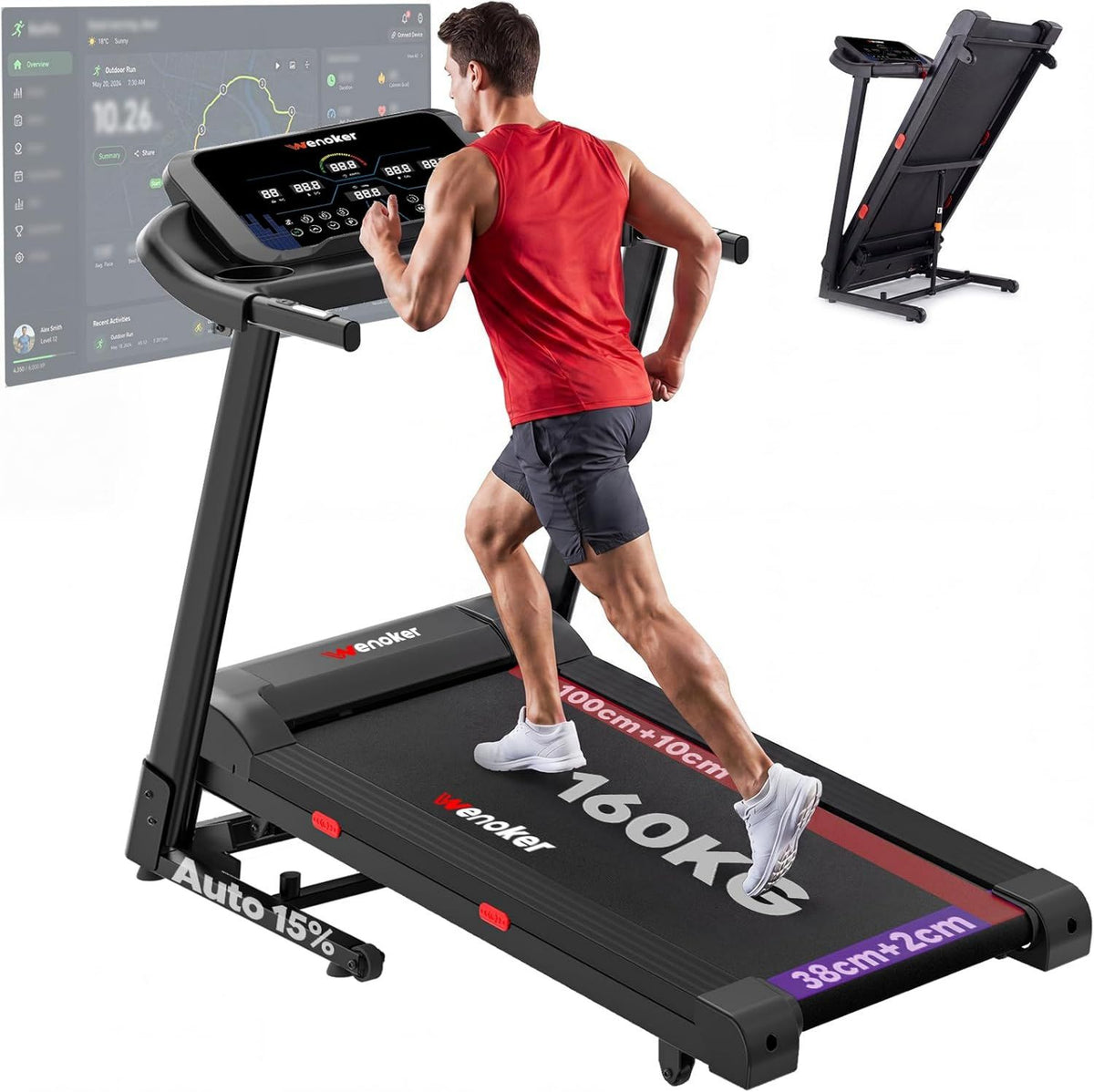Walking Pad – einstellbare Steigung, klappbar, App-Steuerung, LED-Anzeige, 160kg, 0 PS, 14 km/h