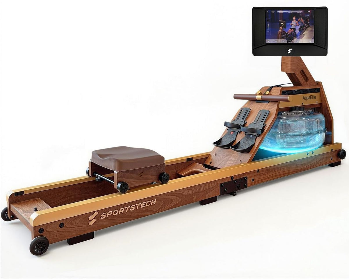Sportstech Rudergerät – Holzkonstruktion, Ganzkörpertraining, Wasser- oder Luftwiderstand, aus Massivholz